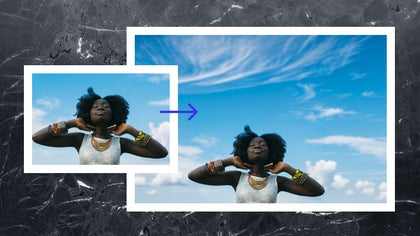 Side-by-side showing a tight crop and expanded version of a woman posing under a blue sky