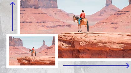 Small photo of a man on horseback upscaled with sharper details in a red rock desert scene