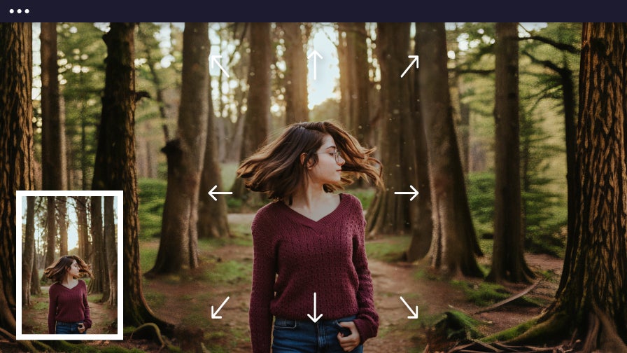 Woman twirling in forest with motion and trees seamlessly extended with expand ai