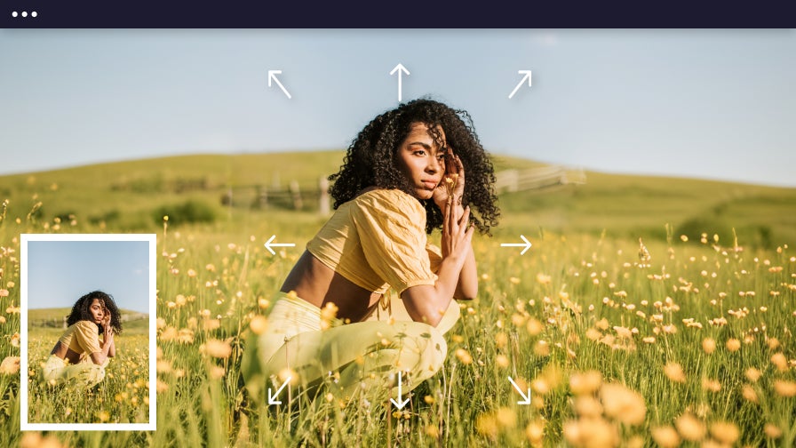 Field of yellow flowers expanded around crouching woman using expand ai