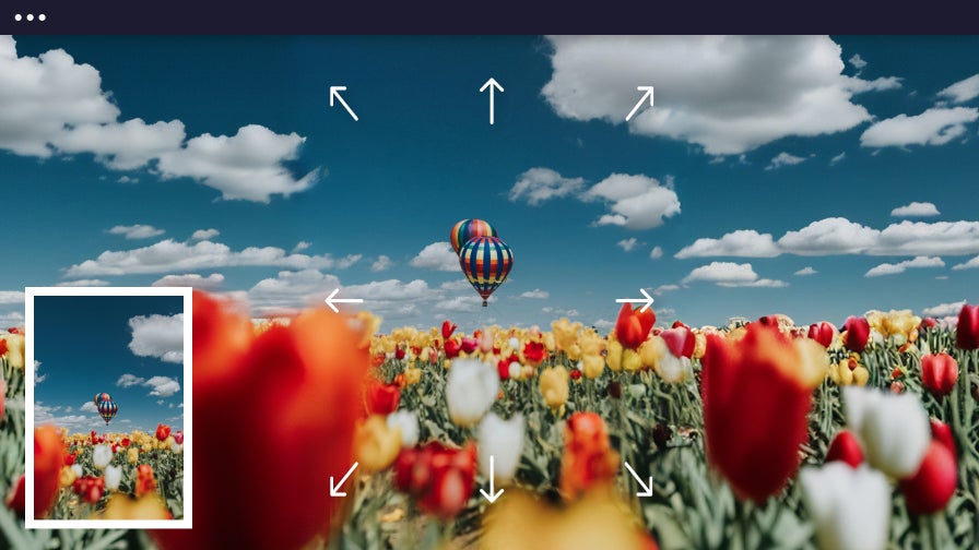 Hot air balloons above tulips with wide sky and blooms created by expand ai