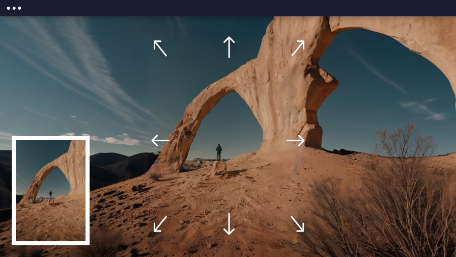 Desert arch landscape broadened with horizon and detail enhanced by ai image extend