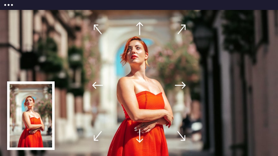 City street portrait of woman in red dress with background revealed with expand ai for full scene