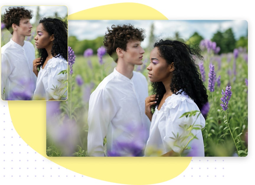 Couple in lavender field with surroundings revealed by ai image extender