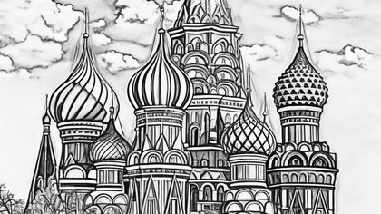 Intricate charcoal sketch effect on photo of Saint Basil’s Cathedral