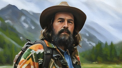 Bearded man in a mountain landscape in a realistic oil painting style